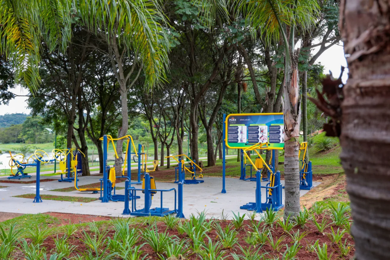 Academia ao ar livre em parque, com equipamentos sem carga